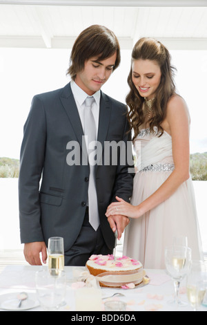 Newlywed couple cutting a wedding cake Stock Photo