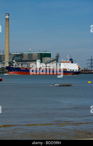 The Chemical Oil Product Tanker Pembroke Fisher Cruising Up The River Thames In Front Of Tilbury Power Station Essex England Stock Photo