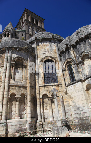 The collegiate church of St-Pierre de Chauvigny has fascinating Romanesque sculptures & is located in a Medieval town, Stock Photo