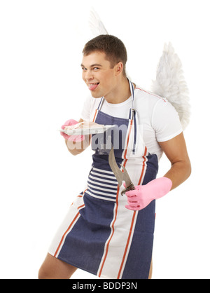crazy cook with fish on plate and angel wings Stock Photo