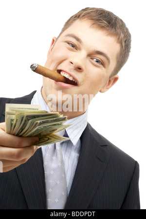 smoking gangster holding dollar bills over white Stock Photo