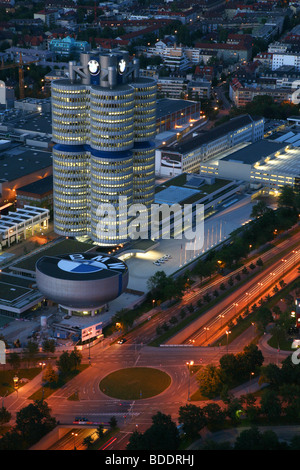 The BMW headquarters building in Munich, Germany, seen from the communications tower in the Olympic complex. Stock Photo