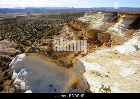 A brittle, layered clay escarpment in the desert of Santa Cruz province, Argentina. 70 km's south of Pico Truncado. Stock Photo