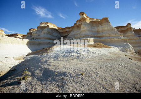 A brittle, layered clay escarpment in the desert of Santa Cruz province, Argentina. 70 km's south of Pico Truncado. Stock Photo