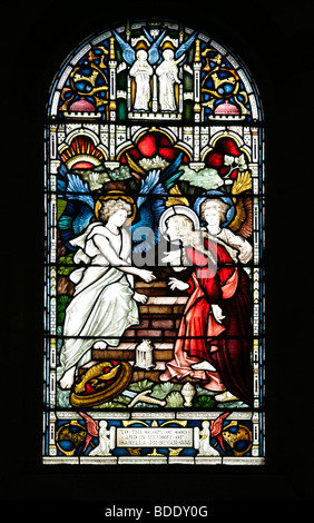 Stained glass window by A O Hemming; The Three Maries at the empty tomb, All Saint's Church Brixworth Northamptonshire England Stock Photo