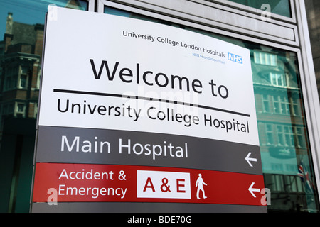 entrance sign to the university college hospital on tottenham court road london uk Stock Photo