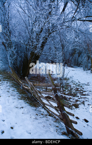Wintry scene, first snow with frost covering tree with wooden fence, rural scene Stock Photo