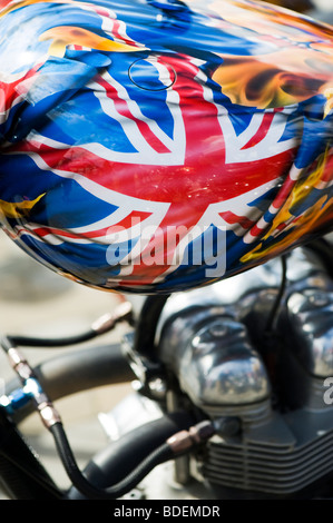 Union Jack fag painted on Custom British chopper motorcycle. UK Stock Photo