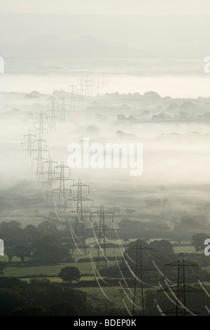 Electricity Pylons in Morning Mist. Marshwood Vale. Dorset. England. UK. Stock Photo