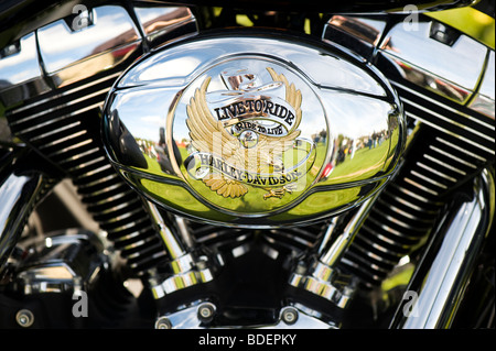 Harley Davidson motorcycle v-twin engine with 'live to ride' custom casing close up detail. Selective focus Stock Photo