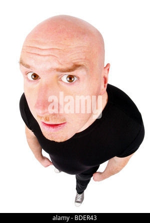 bald headed man looking puzzled into the camera Stock Photo