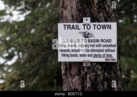 Juneau Alaska, Mount Roberts Tramway, trail and  caution sign Stock Photo