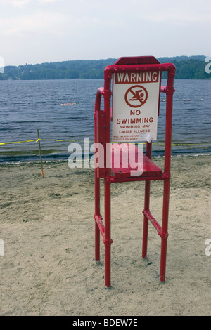 No swimming sign posted on lifeguard chair Stock Photo