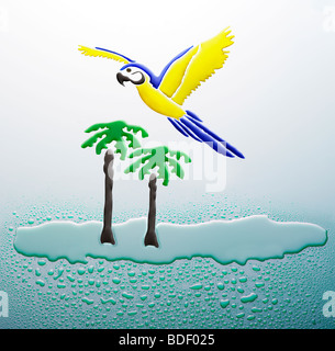 Macaw flying over palm trees on an island of water created and photographed using water Stock Photo