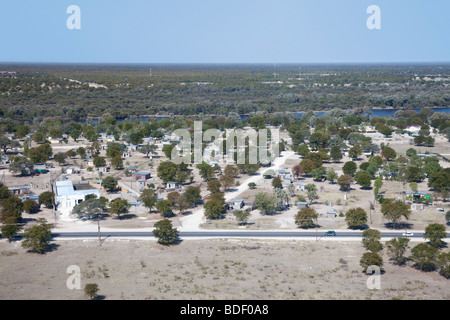 The town of Maun and Thalamakane River in northern Botswana, taken from a small Cessna plane which has just taken off Stock Photo