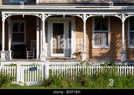 House with a porch, white picket fence, Orient Point, Long Island New York Stock Photo