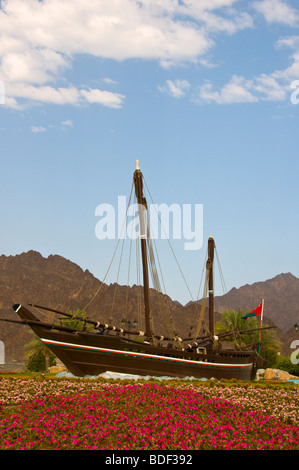 Famous Sohar Boat  that belonged to an Omani seafarer Ahmed bin Majid at The Al Bustan Roundabout Muscat Oman Stock Photo