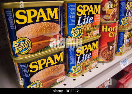 Cans of Spam by Hormel are seen on a supermarket shelf in New York on Saturday, August 15, 2009. (© Richard B. Levine) Stock Photo