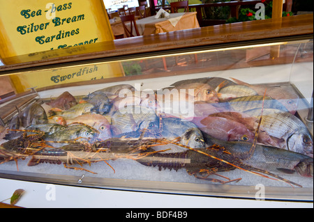 Fresh fish displayed for selection by diners in chill counter outside restaurant in Katelios on the Greek island of Kefalonia Stock Photo