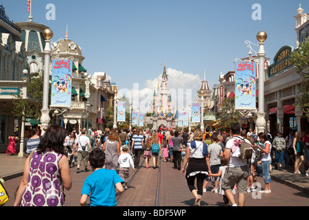 people on Main street,  at Disneyland Paris, France, Europe Stock Photo