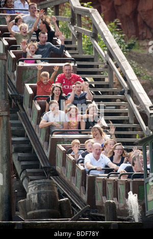 Holidaymakers enjoying a rollercoaster ride on Big Thunder Mountain, Disneyland Paris France Europe Stock Photo