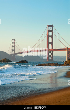 World famous Golden Gate Bridge with a scenic beach. Stock Photo