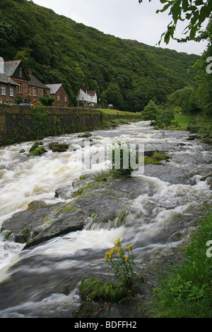 The East Lyn River in flood as it passes through Lynmouth on its way to the Bristol Channel Stock Photo