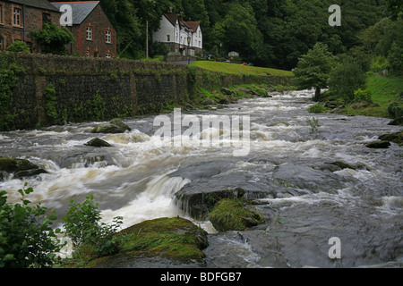 The East Lyn River in flood as it passes through Lynmouth on its way to the Bristol Channel Stock Photo