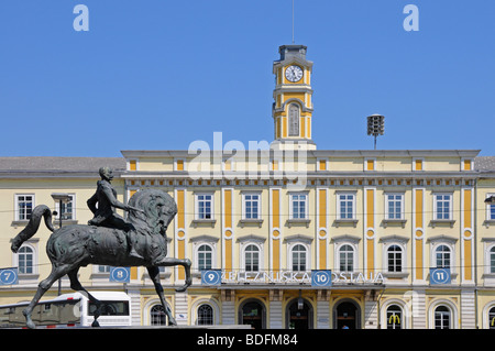 Ljubljana, Slovenia. Main Railway Station facade (Zelezniska Postaja) Equestrian statue of General Meister Stock Photo