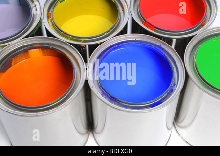 Open cans of paint in close up view Stock Photo