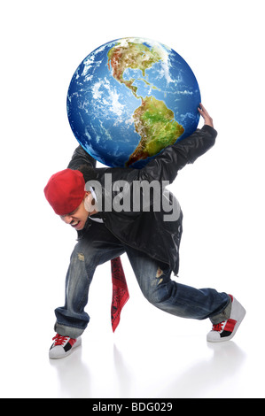 African American man holding earth on his back isolated over white Stock Photo