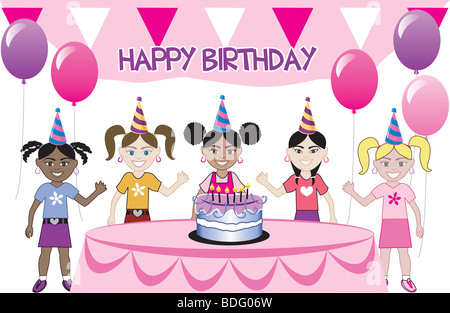 A birthday party with cake. Five young happy kids celebrating. Can be used as an invitation. Stock Photo
