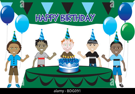 A birthday party with cake. Five young happy kids celebrating. Can be used as an invitation. Vector. Stock Photo