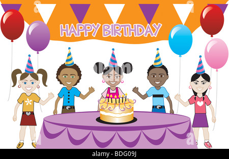 A birthday party with cake. Five young happy kids celebrating. Can be used as an invitation. Vector Stock Photo