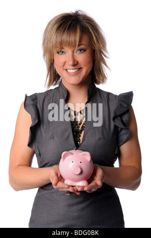 Businesswoman holding piggy bank isolated over white background Stock Photo
