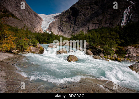 Jostedalsbreen National Park: The Briksdal Glacier and Melting Waters Stock Photo