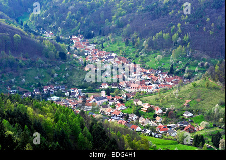 View from the Neuscharfeneck castle ruins on the village of Ramberg, Dernbach, Naturpark Pfaelzerwald nature reserve, Palatinat Stock Photo