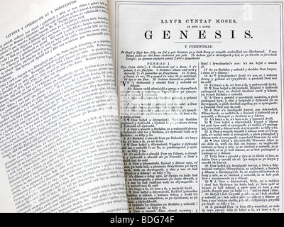 Christian Welsh Bible open on the first page of the book of Genesis Stock Photo