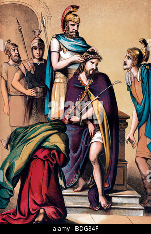 Illustration of Christ Crowned with Thorns (Gospel of Matthew) New Testament from the Christian Welsh Bible Stock Photo