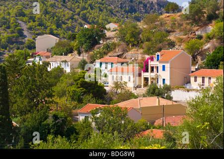 View over the picturesque village of Assos on the Greek Mediterranean island of Kefalonia Greece GR Stock Photo