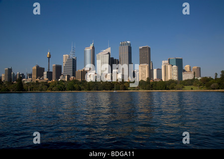Australia, NSW, Sydney, view of the city skyline with Royal Botanic Garden from Farm Cove Stock Photo