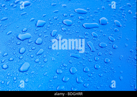 Droplets of water on a blue car bonnet Stock Photo