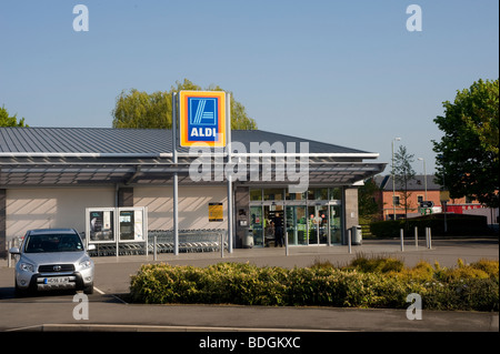 Aldi low cost supermarket in Market Harborough, Leicestershire, England Stock Photo