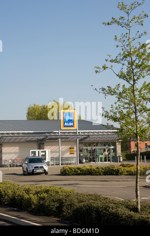Aldi low cost supermarket in Market Harborough, Leicestershire, England Stock Photo