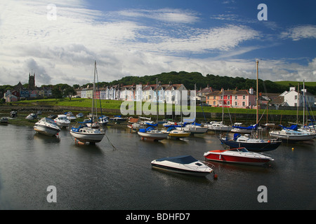 Aberaeron harbor overlooked by colorful cottages and houses, Ceredigion, West Wales, UK Stock Photo