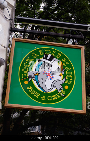 Sign outside Rock and Sole Plaice fish and chip shop in Covent Garden, London Stock Photo