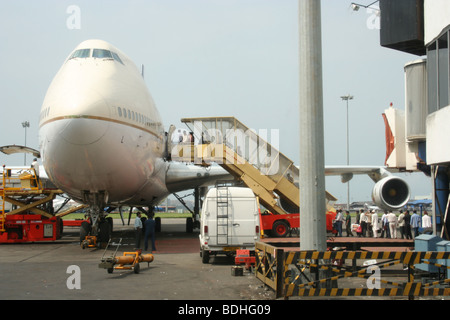 passengers boarding saudia airlines jumbo jet Stock Photo