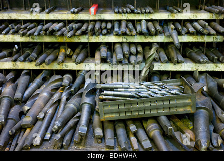 Drill bits in an engineering workshop Stock Photo