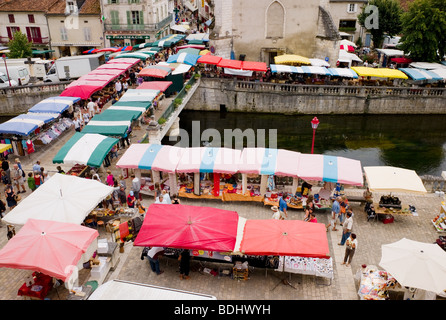 The weekly Friday market in the pretty town of Brantome in the Dordogne Stock Photo