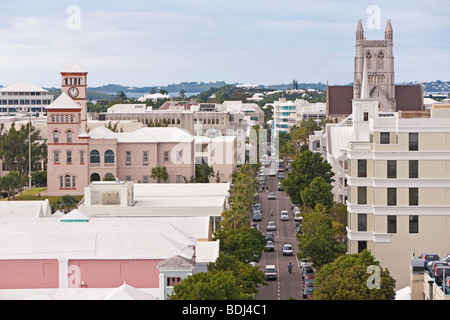 Bermuda, Atlantic Ocean, Hamilton, white stone roofs and pastel architecture in art deco style in central Hamilton Stock Photo